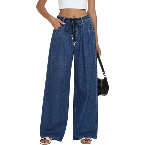 Denim - Women's Wide Leg Jeans Cotton Spandex High Waist Casual Streetwear